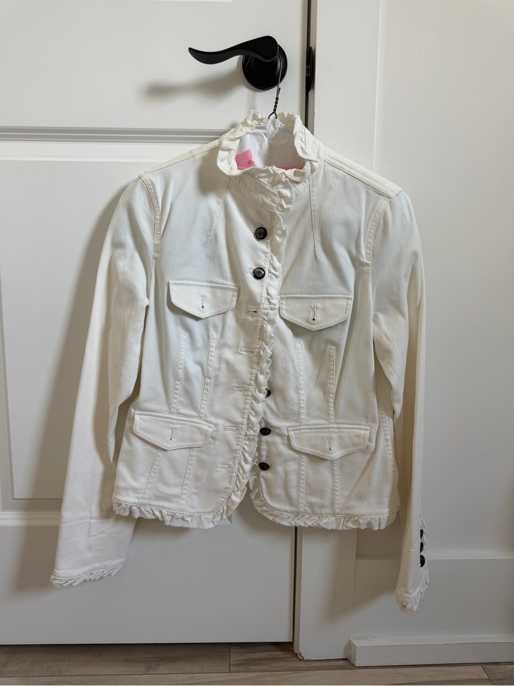 Etcetera White Ruffle-Trim Denim Jacket